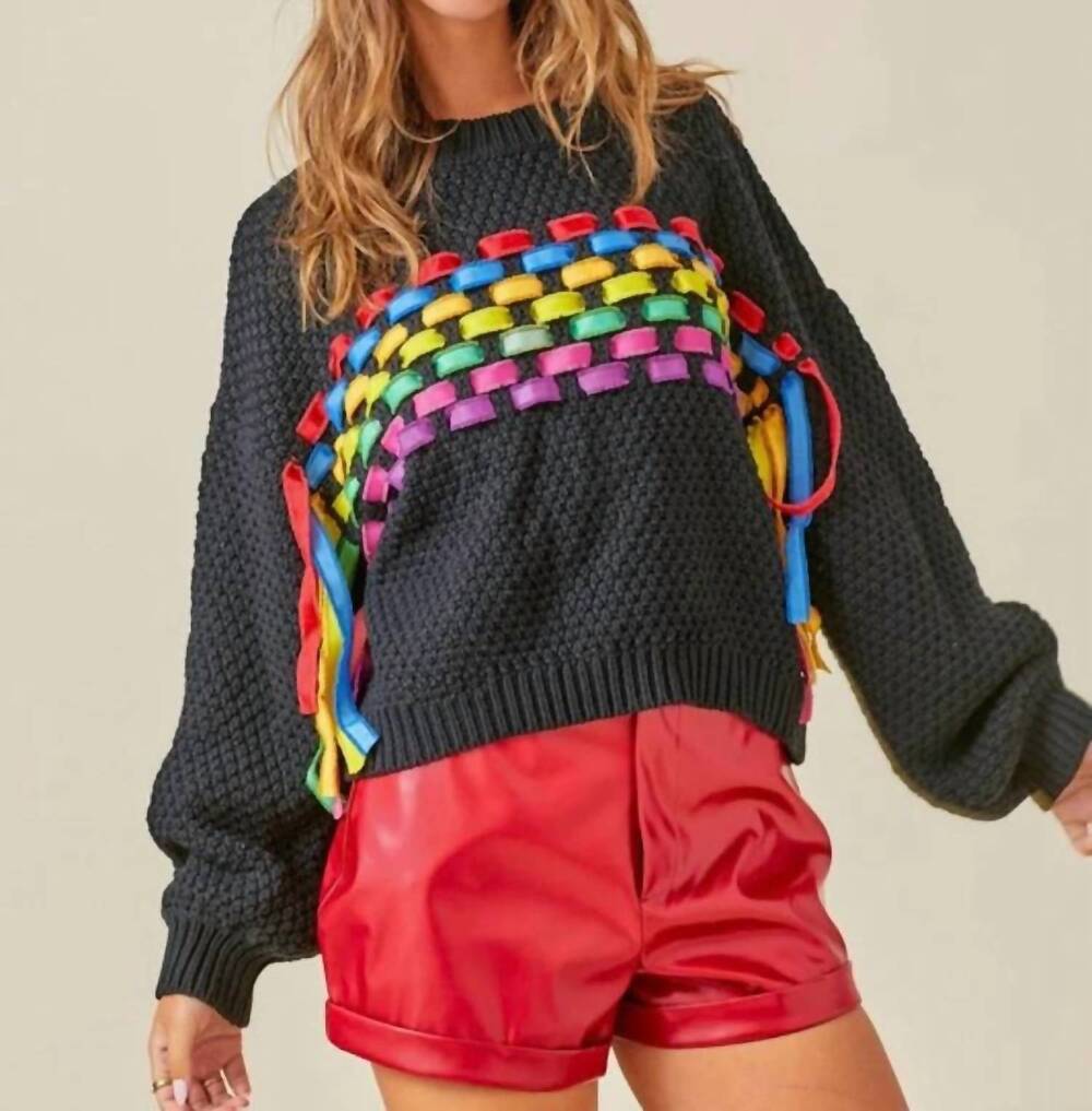 NEW DAY + MOON rainbow ribbon sweater in black